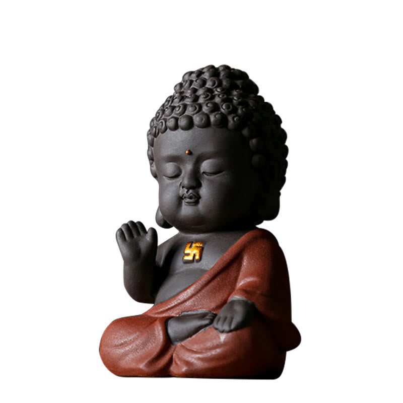 Small Buddha Purple Clay Decoration – three-quarter studio shot on white background, dark clay and red robe contrast, e-comme