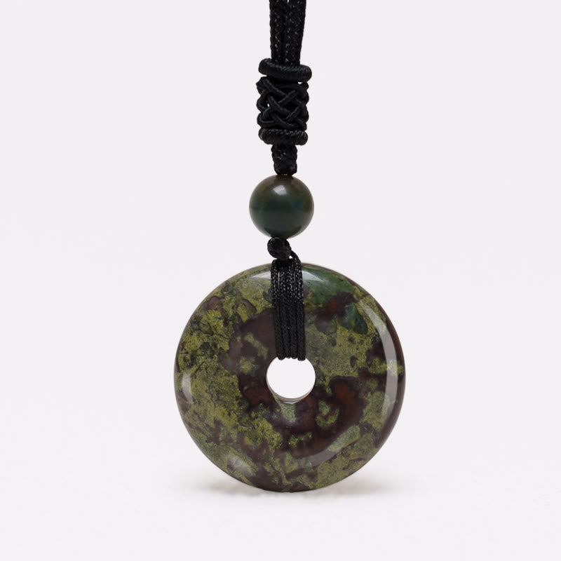 Lucky Coin Pendant Healing Crystal Gemstone Necklace – Mossy green and burgundy dragon blood jasper donut pendant on black cord