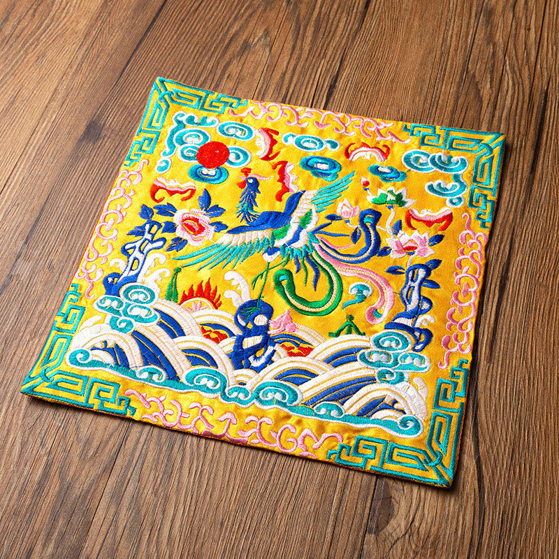 Phoenix Dragon Kirin Embroidery Tea Cup Mat - Yellow base with phoenix wave embroidery, Royal Elegance