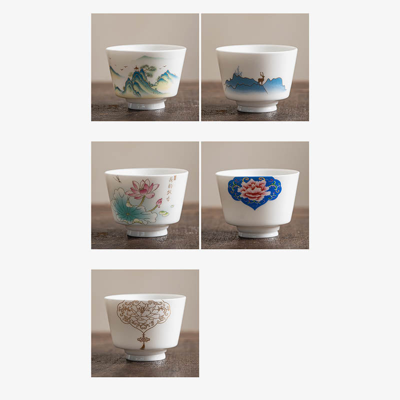 Ceramic Kung Fu Tea Cup – mountain landscape with deer silhouette, blue gradient wash, dark wood surface, wildlife