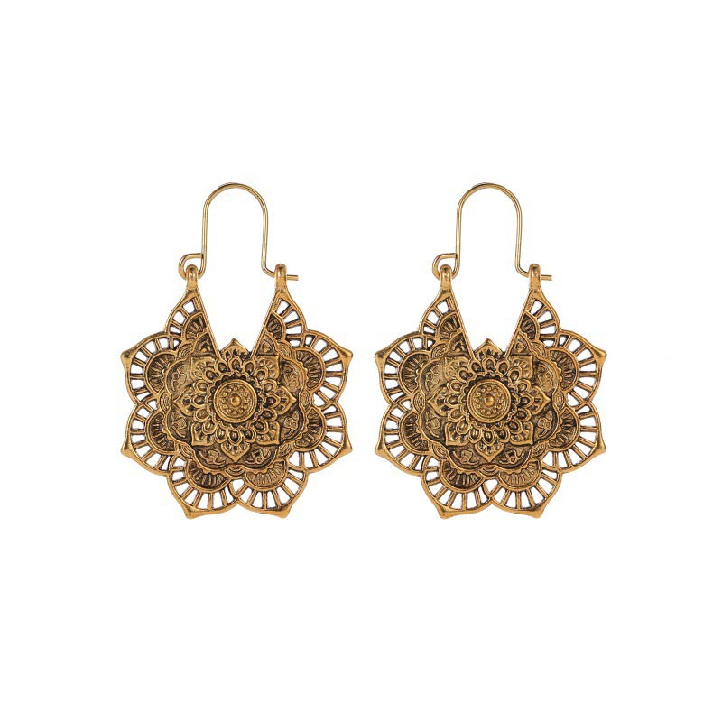 Tibetan Copper Lotus Engraving Drop Earrings – Pair of antique copper mandala flower dangle earrings with intricate openwork cut-out design and shepherd's hook ear wires