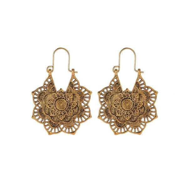 Tibetan Copper Lotus Engraving Drop Earrings – Pair of antique copper mandala flower dangle earrings with intricate openwork cut-out design and shepherd's hook ear wires