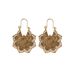 Tibetan Copper Lotus Engraving Drop Earrings – Pair of antique copper mandala flower dangle earrings with intricate openwork cut-out design and shepherd's hook ear wires