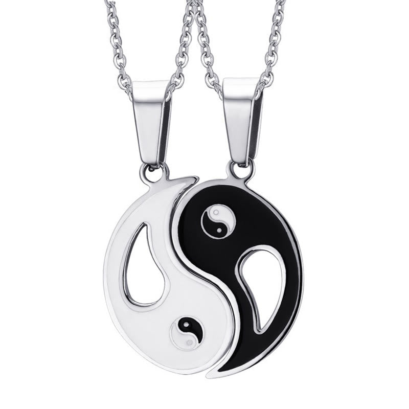 Yin Yang Pendant Couple Necklace Set - Connected black and silver yin-yang pendants forming complete symbol, couple neckla...