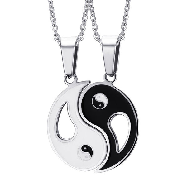 Yin Yang Pendant Couple Necklace Set - Connected black and silver yin-yang pendants forming complete symbol, couple neckla...