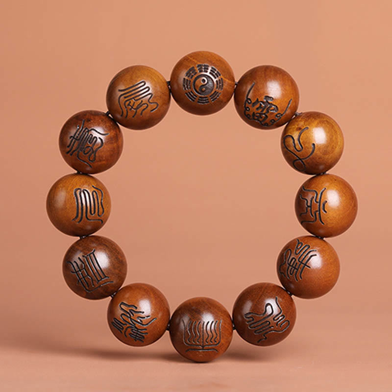 Lightning Struck Jujube Wood Taoist Scripture Bracelet - Wood mala bracelet with Taoist engravings on terracotta, Buddhist prayer beads
