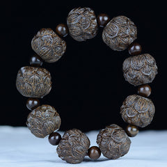 Ebony Wood Eighteen Arhats Lotus Dragon Bracelet - Lotus flower beads in circular arrangement, Zen Calm