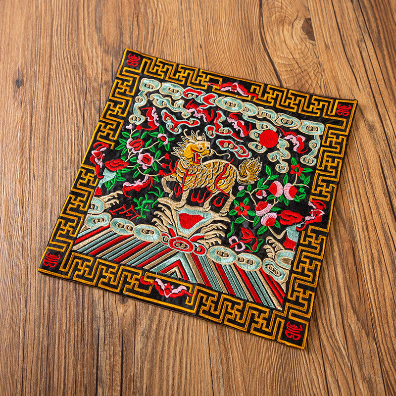 Phoenix Dragon Kirin Embroidery Tea Cup Mat - Black base gold qilin sun peony, Kirin Prosperity