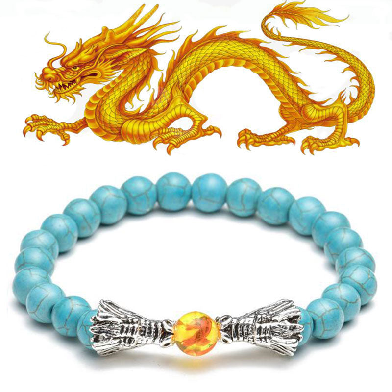 White Turquoise Lava Rock Dragon Bracelet – Turquoise beads silver dragon heads amber pearl on white, Fortunate
