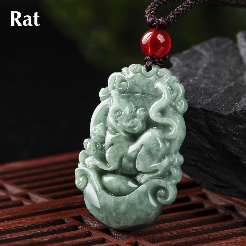 Jade Zodiac Prosperity Necklace – Zodiac rat pendant with ruyi clouds on wood stand, lucky