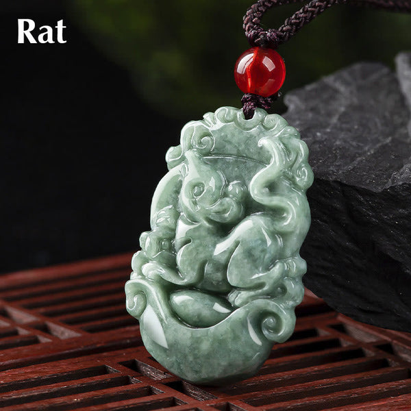 Jade Zodiac Prosperity Necklace – Zodiac rat pendant with ruyi clouds on wood stand, lucky