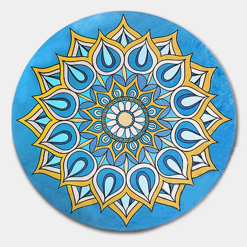 Tibetan Lotus Mandala Yoga Mat person holding rolled boho tapestry, colorful elephant mandala in pink blue gold print