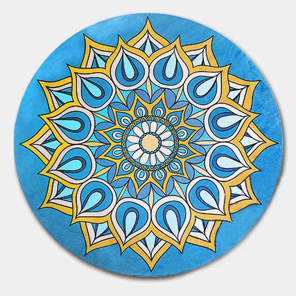 Tibetan Lotus Mandala Yoga Mat person holding rolled boho tapestry, colorful elephant mandala in pink blue gold print