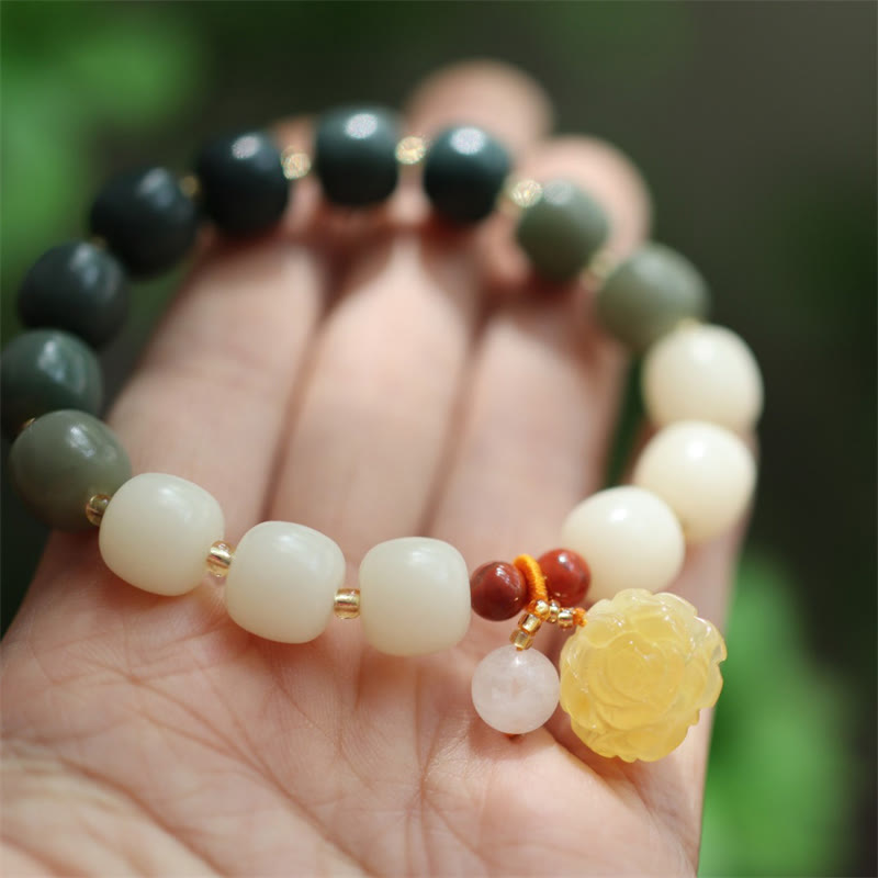 Gradient Bodhi Seed Amber Lotus Bracelet – full green-to-white gradient with golden lotus, Harmonious