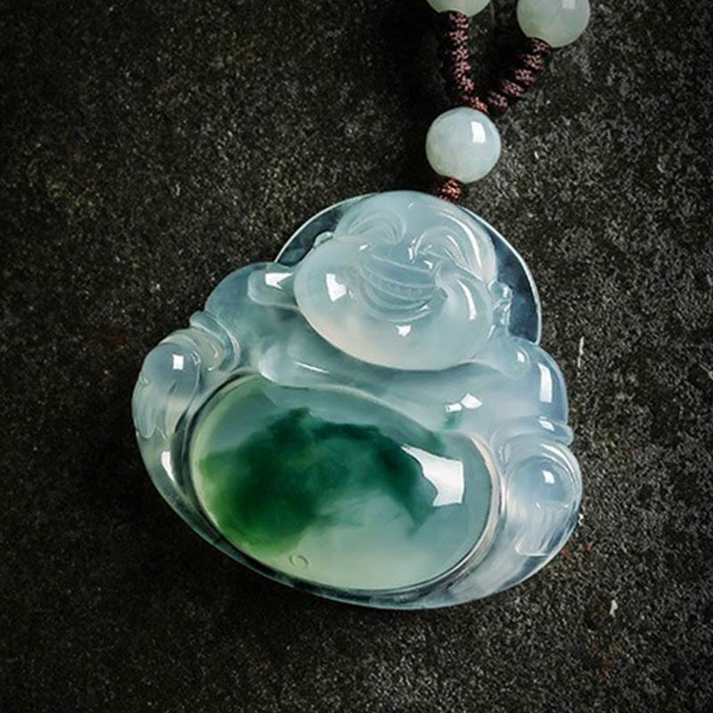 Cyan Jade Buddha Luck Necklace Pendant – front view with triple bead strand and smiling Buddha face on dark stone, fortune