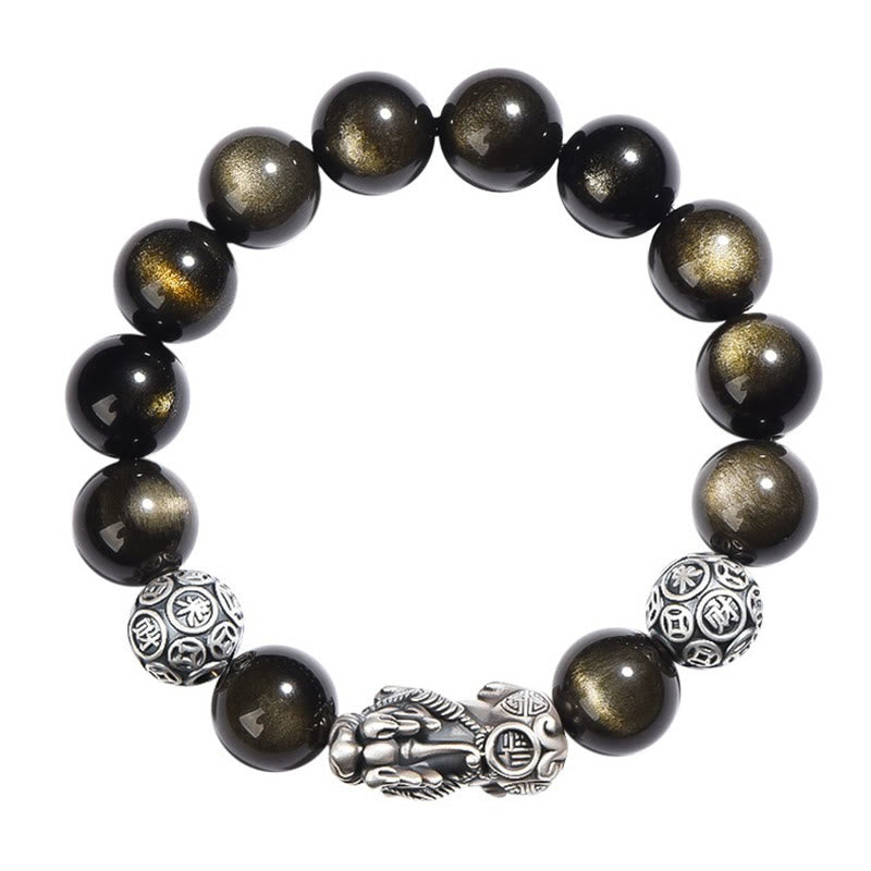 Gold Sheen Obsidian PiXiu Bracelet – Isolated bracelet with silver PiXiu and engraved beads on white, feng shui