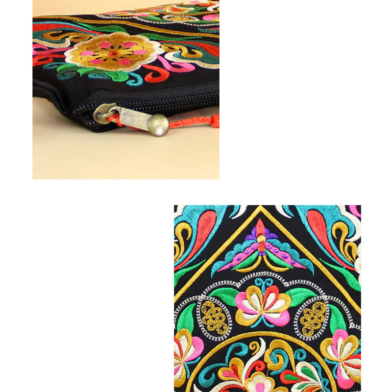 Dragon Butterfly Embroidery Wallet - Two-panel zipper detail and embroidery macro, Textured