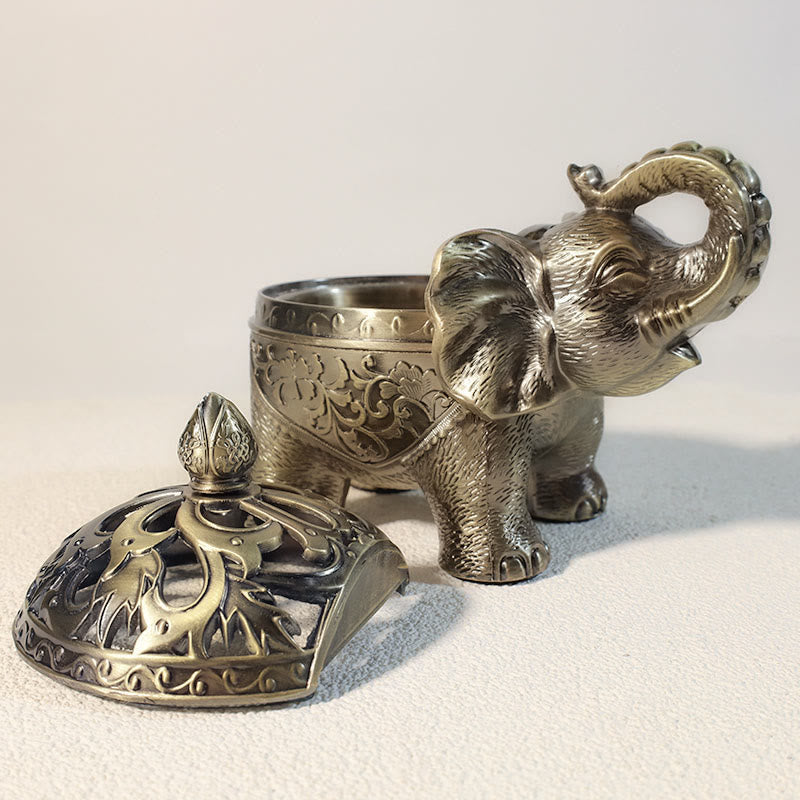 Elephant Alloy Incense Burner – lid detached beside elephant base, Traditional