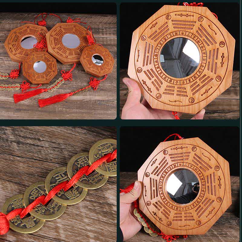 Peach Wood Bagua Map - 13cm octagonal mirror with trigram carvings and red knot tassels on dark wood