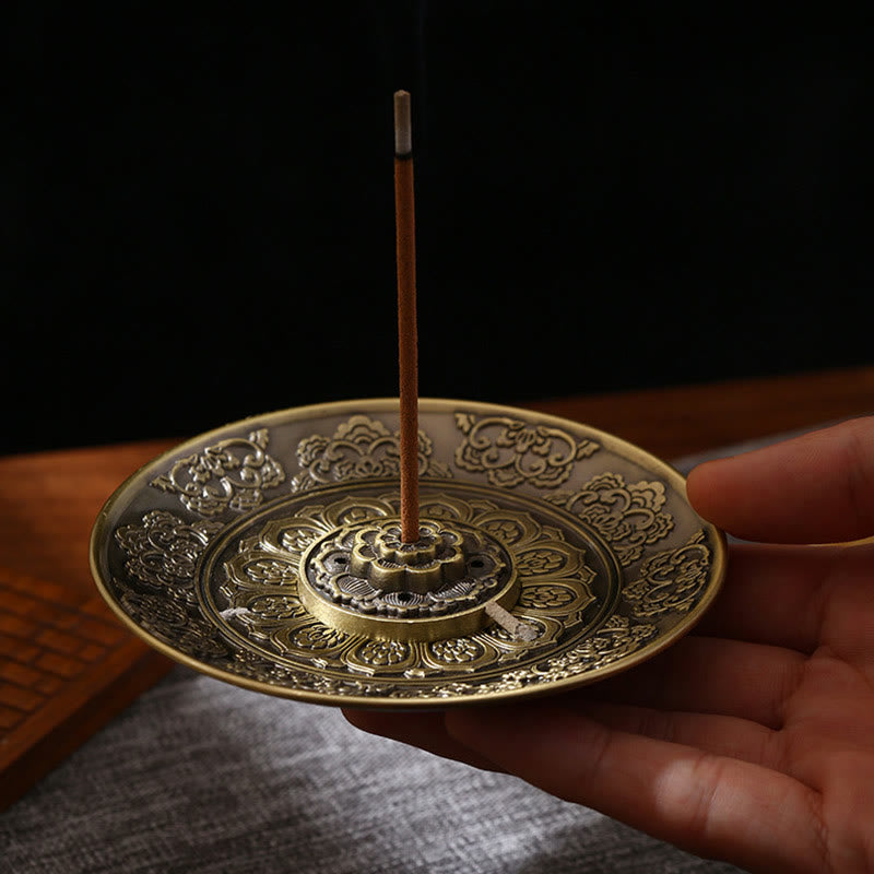 Dragon Phoenix Incense Holder – hand-held brass plate with lotus motif, auspicious