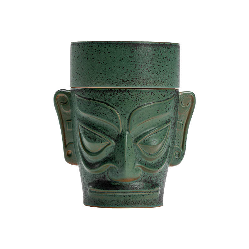 Sanxingdui Bronze Mask Incense Burner – Full frontal product view on white background, green patina ceramic