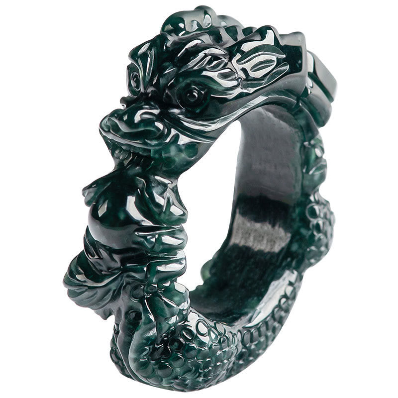Natural Cyan Jade Dragon Success Ring white background, three-quarter profile, carved dragon head, prosperity