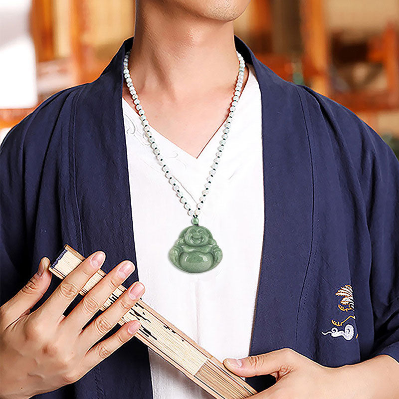 Laughing Buddha Cyan Jade Harmony Necklace – Polished aqua jade laughing figure with elongated earlobes, prosperity charm