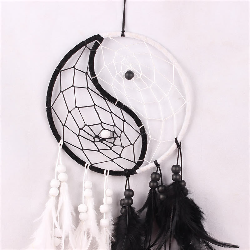 Yin Yang Dream Catcher with Feathers – Minimalist dreamcatcher with beaded tassels centered, bedroom decor
