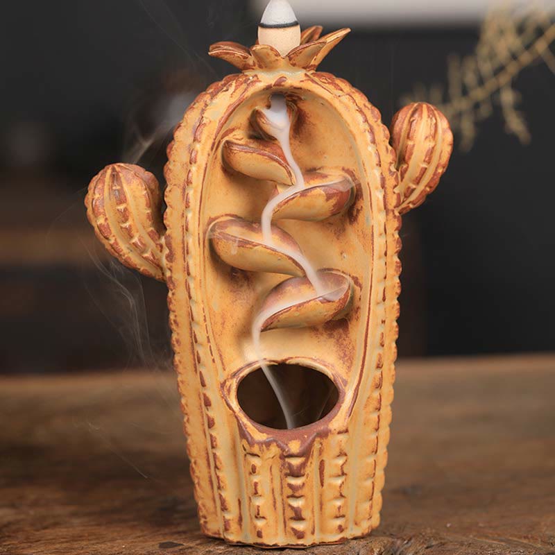 Cactus Backflow Incense Burner – terracotta cactus with waterfall smoke, backflow incense burner