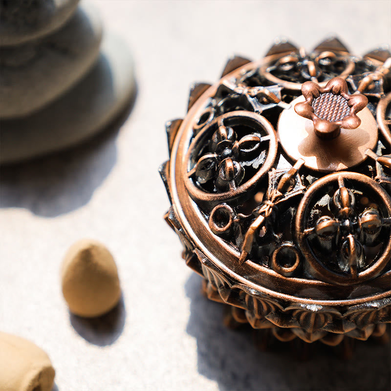 Lotus Incense Burner domed lid detail, antique copper floral cutouts, mindful