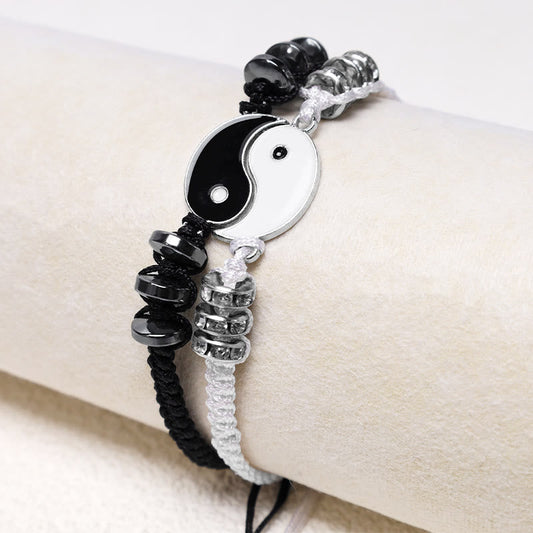 Yin Yang Hematite Bracelet - Pair on display stand with hematite & crystal beads, matching set