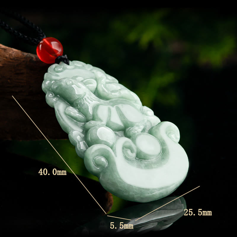 Green Jade Zodiac Necklace - Pixiu pendant with size measurements on reflective surface, wealth guardian
