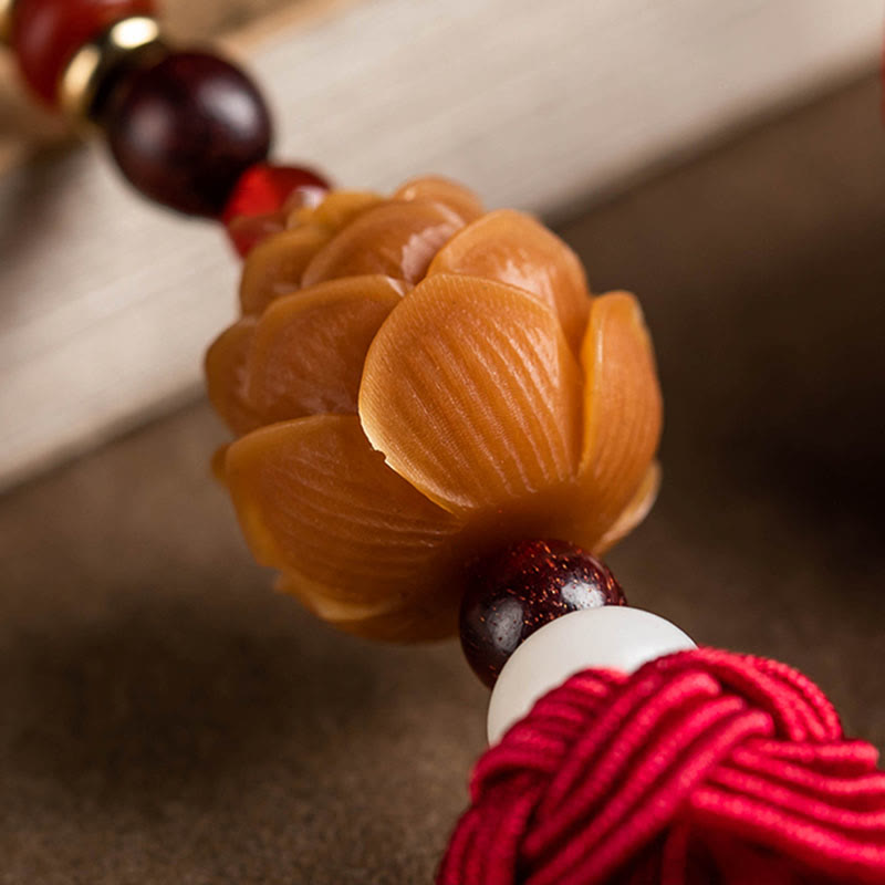Red Sandalwood Car Hanging – Dual beaded strands with attract wealth and continuous fortune medallion charms, feng shui decor