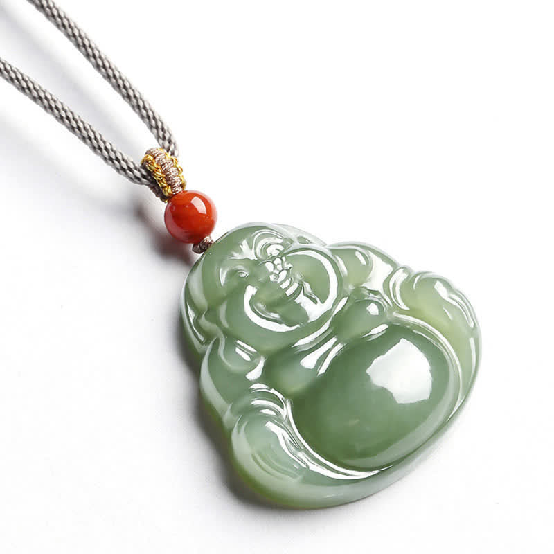 Hetian Jade Laughing Buddha Abundance String Necklace Pendant – wooden prayer bead stand, spiritual altar decoration