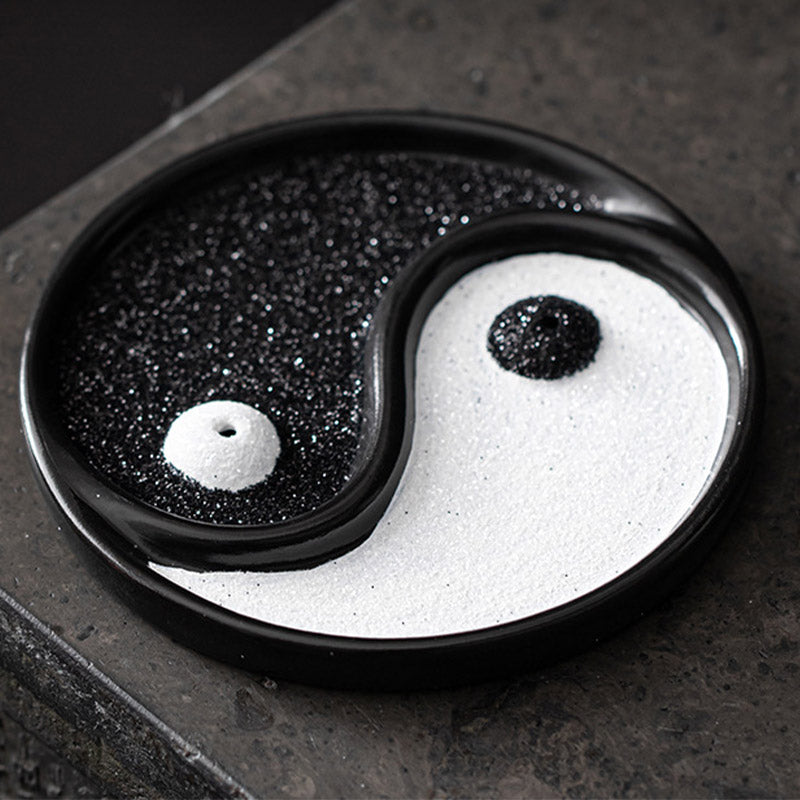 Yin Yang Incense Holder – Glossy black rim with dual sand textures on dark stone, Centered