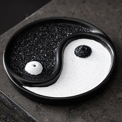 Yin Yang Incense Holder – Glossy black rim with dual sand textures on dark stone, Centered