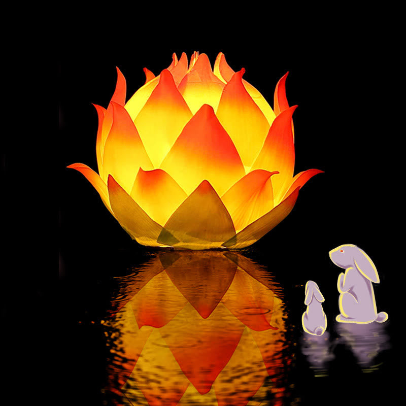DIY Lotus Dragon Lantern Tassel Lamp – Golden lotus lantern floating on dark water with moon rabbit, Dreamy reflection