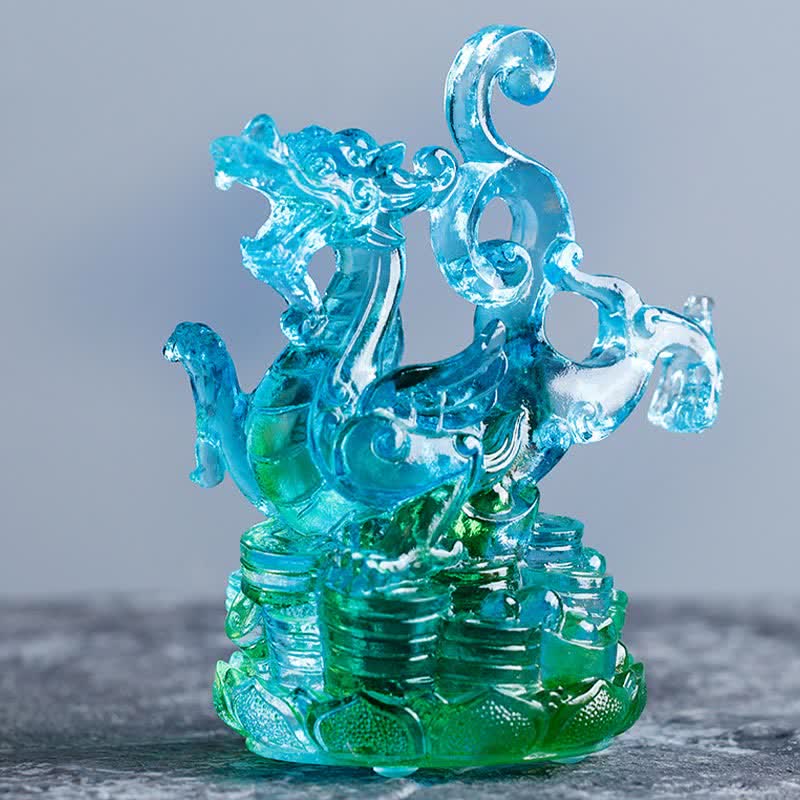 Azure Dragon Liuli Sculpture - serpentine dragon on coin stack, blue to green glass, prosperous