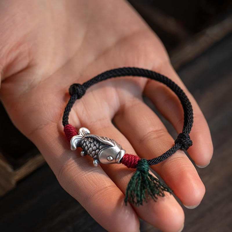 925 Sterling Silver Koi Fish Bracelet – black cord with antique silver koi charm, burgundy wraps and green tassel on palm