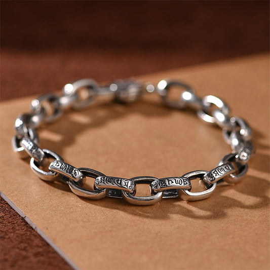 Double Dorje Wisdom Bracelet - Oval chain links with engraved bars on kraft paper, silver spiritual bracelet