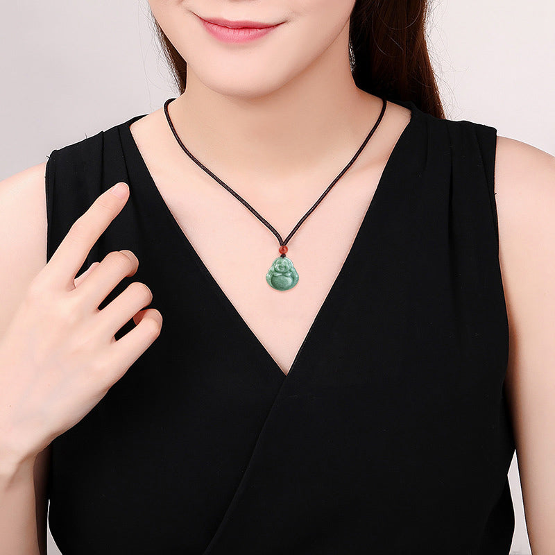 Cyan Jade Laughing Buddha Necklace - Model wearing pendant with black dress