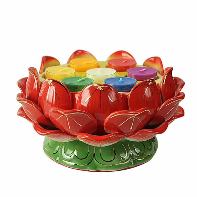 Lotus Candle Holder – Red ceramic lotus with gold veins and 7 rainbow tealights, Buddhist altar