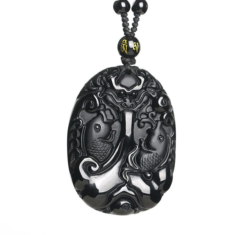 Black Obsidian Koi Fish Bead Rope Necklace – koi fish pendant reverse side, smooth polished obsidian back