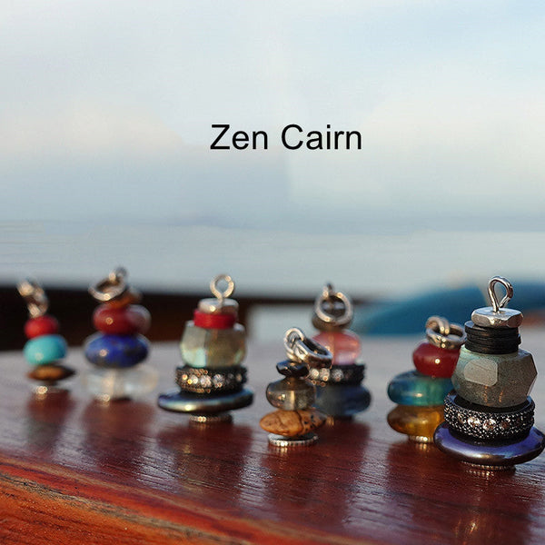 Zen Cairn Crystal Pendant – colorful stacked stone pendants with turquoise red amber beads on dark background, crystal jew...