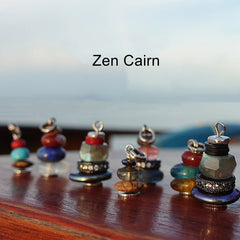 Zen Cairn Crystal Pendant – colorful stacked stone pendants with turquoise red amber beads on dark background, crystal jew...