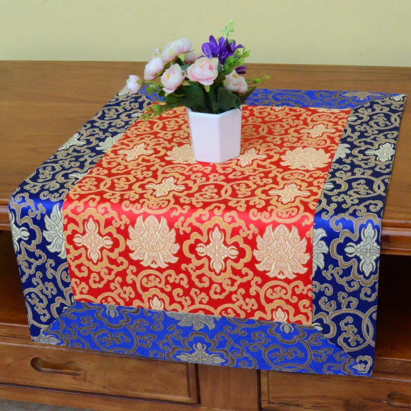 Dragon Vajra Altar Table Runner – Crimson center blue border on dresser, ornamental