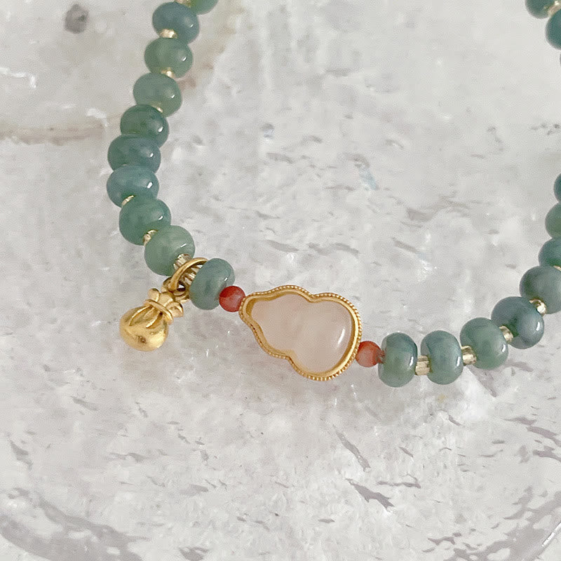 Hetian Jade Pearl Fu Gourd Money Bag Bracelet – Wrist wearing jade gourd bracelet with gold charm, everyday luck jewelry