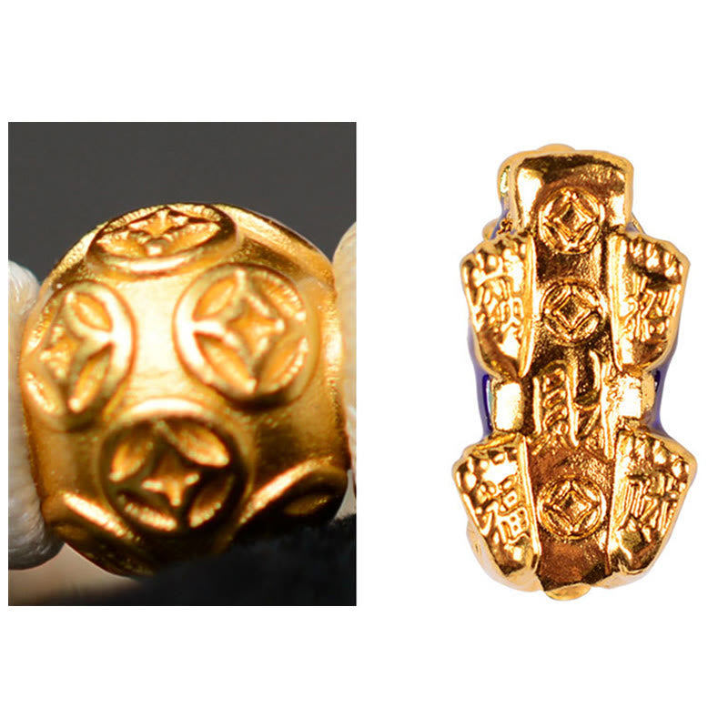 Feng Shui PiXiu Bracelet – gold copper coin bead Pixiu bottom detail closeup, carved fortune pattern