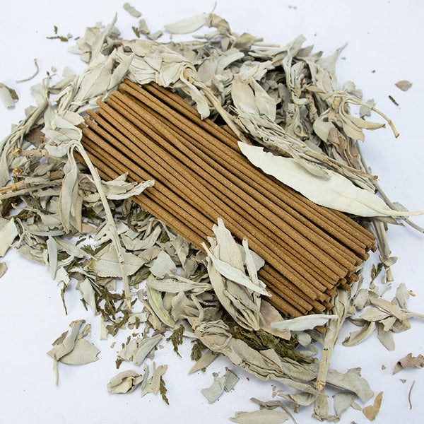 White Sage Incense Sticks - loose bundle on dried sage leaves, healing