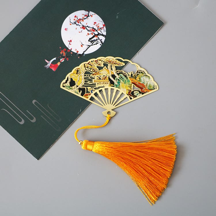 Brass Hollow Fan Bookmark - Pagoda landscape cutout with orange-yellow tassel, scenic